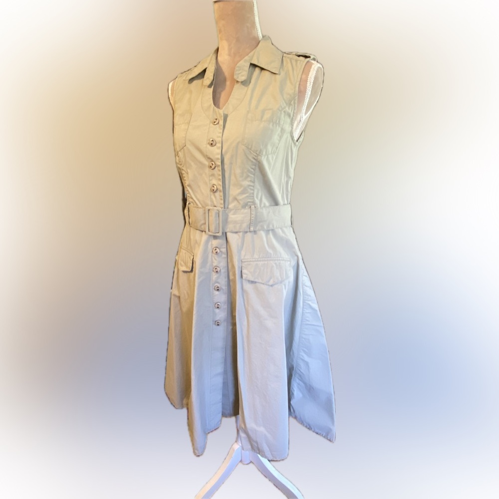 For the Republic Sleeveless Button-Front Belted Shirt Dress - Light Beige